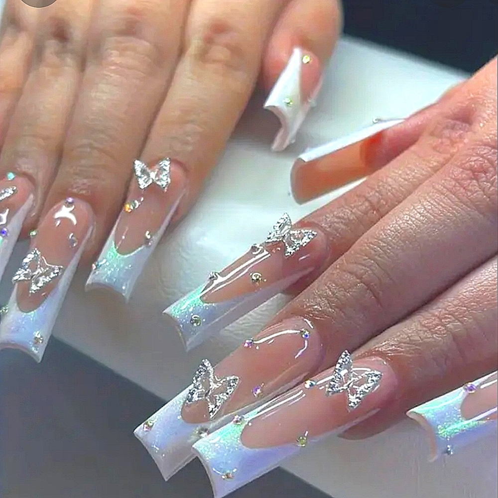 Luxurious Long French Butterfly Press-On Nails